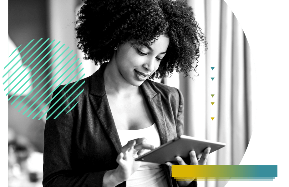 inspired woman tapping on tablet