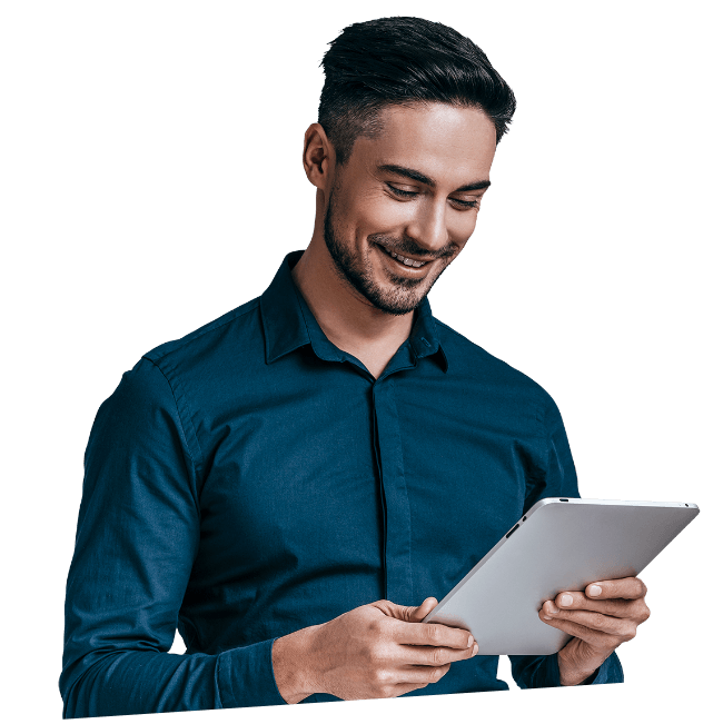 Smiling man holding a tablet